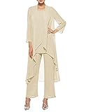 HUINI Dreiteilig Mutter der Braut Hosenanzug für Hochzeit Chiffon Langarm...
