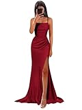 HUINI Satin Hochzeit Brautjungfer Kleid Lang mit Schlitz Falten Abiballkleid...