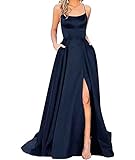 xxxiticat Damen Elegant Lange Ballkleider mit Taschen Satin A-Linie Backless...