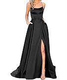 HAHAEMMA Damen Elegant Lange Ballkleider mit Taschen Satin A-Linie Backless...