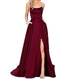 xxxiticat Damen Elegant Lange Ballkleider mit Taschen Satin A-Linie Backless...
