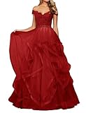 Abendkleid Tüll Lang Damen Spitzen Ballkleid Schulterfrei A-Linie Prinzessin...