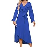 Zeiayuas Damen Maxikleid Schickes Tailliert Rüschen V-Ausschnitt Langarmkleid...