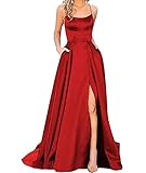 HAHAEMMA Damen Elegant Lange Ballkleider mit Taschen Satin A-Linie Backless...