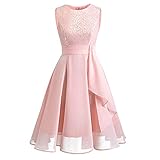 Cocktailkleid Damen Knielang Spitzenkleid Ärmellos Kleid mit Rüschensaum...